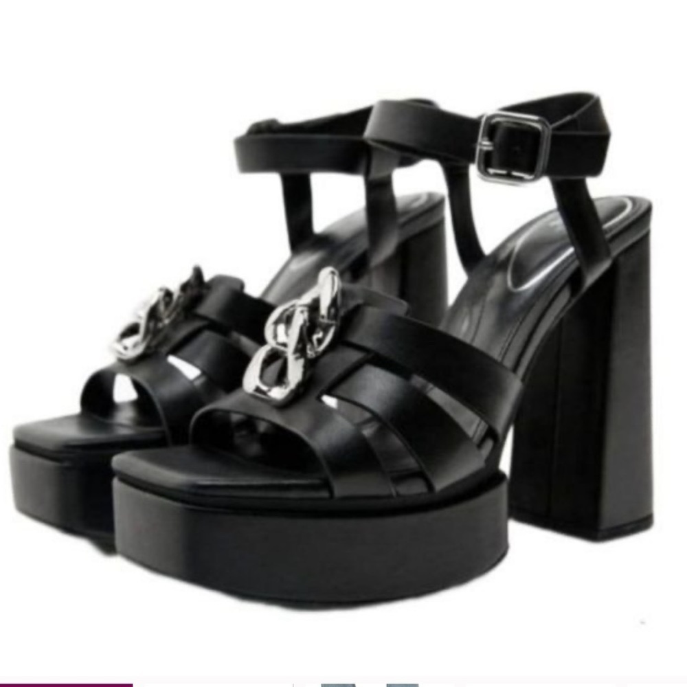 NEW Zara Black Chain Detail Chunky High Heel Platform Sandals Size 38